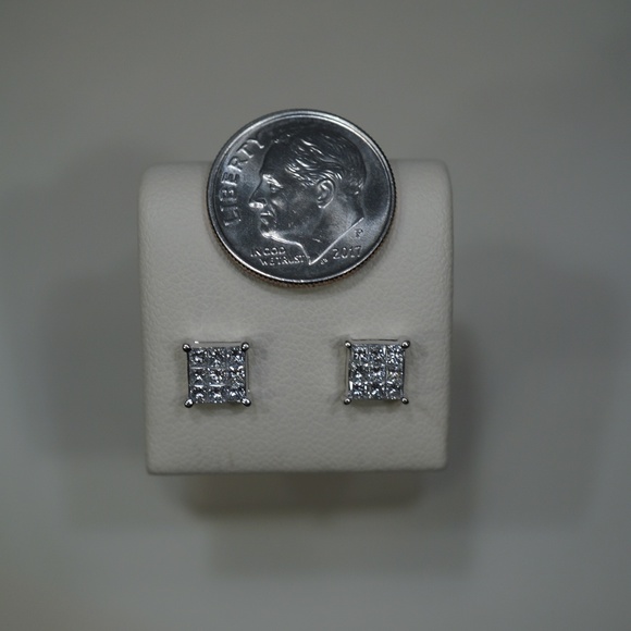 18KW Gold Invisible set Princess Diamond Earrings - Picture 7 of 7